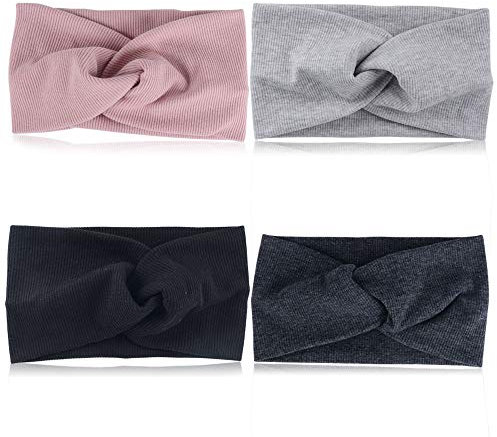 4 Stück Haarband Damen Stirnband Sommer Elastische Stirnbänder Sport Headwrap Headband mit Schleife Weich Verdreht Strinband Frauen Kinder Mädchen Schwarz/Grau/Pink