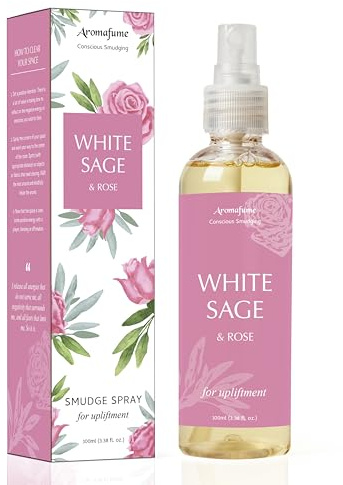 Vit salvia & Rose Smudge Spray av Aromafume | 100 ml | Salvia dimma för rengöring av negativ energi och skydd | Rumsspray för andlig rengöring, rökfri salvia