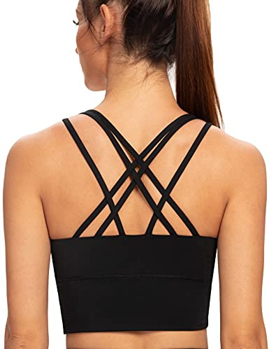 AGONVIN Dam Longline Yoga Vadderad Strappy Medium Support Träningsträning Top Sports BH Schwarz M Stor