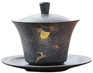 DUNGS Creatividad Cerámica Gaiwan Contorno de cerámica Gruesa en Taza de sopera de Ciervo Dorado con Tapa, Juego de platillo, Juego de té de Kung Fu, Cuenco de té