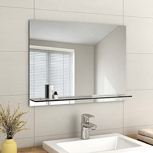 EMKE Rahmenloser Spiegel mit Ablage, Kleiner Badezimmer-Wand-Rasierspiegel mit Aufbewahrung, rechteckiger Schminkspiegel, 80 x 60 cm