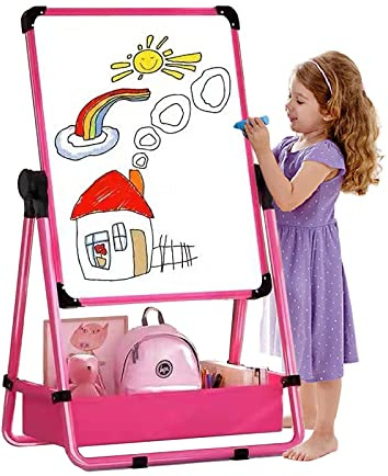 Kids Art Easel Double-Sided Foldable Drawing Board 29.5-44in(74-112cm) Height Adjustable Standing Easel 360° Rotatable Whiteboard Chalkboard with Letters Numbers for Boys Girls Toddlers