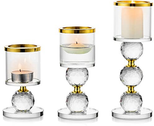 Sziqiqi Kristall Glas Teelichthalter Tischdeko: Klar Kerzenständer 3er Set | Windlicht Glas, mit Goldrand, Kristall Ball, für Teelicht, Kleine Stumpenkerzen, für Hochzeit, Schlafzimmer, Kamin, Esstisch