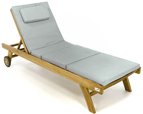 Divero klappbare Sonnenliege Gibraltar aus unbehandeltem Teakholz mit Auflage (grau)