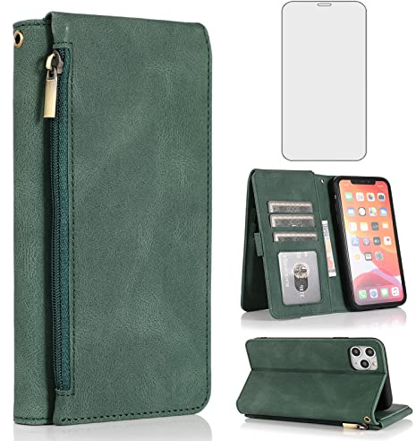 Asuwish Compatible with iPhone 11 6.1 Wallet Case Tempered Glass Screen Protector Zipper Leather Flip Cover Card Holder Stand Cell Phone for iphone11case iPhone11 i Phone11 11s XI 11R Women Men Green