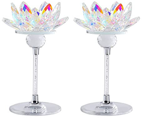 Crystal Candle Holders Set of 2, Lotus Flower Tealight Holders with Clear Glass Base, Rhinestone Stand and Ball, Elegant Table Centerpieces for Home Decor, Wedding, Party