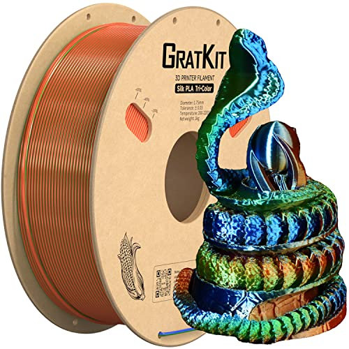 GratKit Tricolor Silk PLA Filament 1,75mm 1kg Spule, Seide Dreifarbiges 3D-Drucker Filament mit +/-0,03mm Präzision, Einfach zu drucken, Gleichmäßige Wicklung, Orange Blau Und Grün