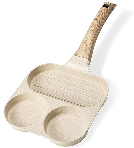 Olerd 3 Holes Frying Pan, Non Stick Healthy Granite Egg Cooker Pan for Breakfast, Multi Suitable Fried Eggs, Steak, Meat and Bacon, All Hobs & Induction Cookware, Beige