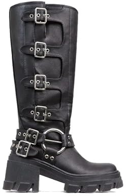 Lemonade Buckle Up Now Women's Side Buckle Detail Chunky Sole Mid Calf Biker Boot (Black, 8)