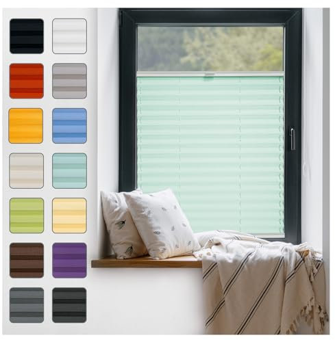 Fenster Plissee ohne Bohren zum Kleben Innenrahmen - Thermo Plisseerollo Innen - Rollo Jalousie, Halterungen auf Rahmen, Faltrollo, Sichtschutz, Blickdicht, für Fenster & Tür - Mint, 80 x 80 cm