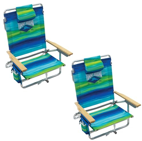 Tommy Bahama 2-Pack 5-Position Classic Lay Flat Backpack Beach Chair with Cooler and Cup Holder, Portable Folding Beach Chair for Tanning, Blue/Green
