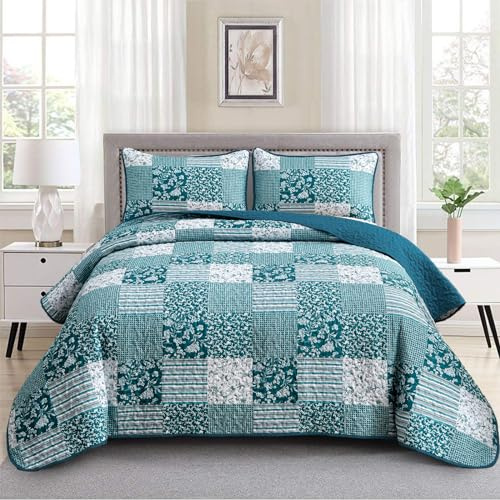 Mybedsoul Teal Blue Quilt Set King Size 3 Pieces Boho Plaid Turquoise Floral Bedspread Set Microfiber Lightweight Bohemian Bedding Bedspread Coverlet Set for All Season 90x104 | Soft and Lightweight Microfiber Reversible Quilt Set 3 Piece All Season Bedding Set 90x110
