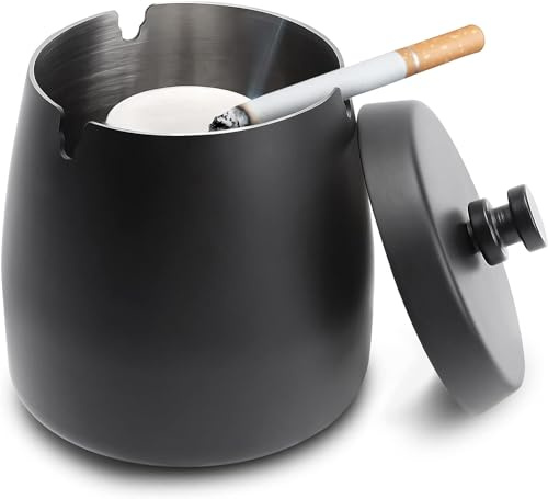Jubaopen Closed Ashtray Outdoor Indoor Windproof Ashtray with Lid, Ashtray with Anti-Odour Lid for Garden, Balcony, Home, Restaurant, Office (Black)