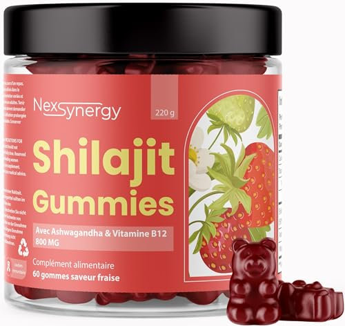 NexSynergy - Gummies SHILAJIT avec ASHWAGANDHA et VITAMINE B12 | 800mg par Portion | 60 gommes Saveur Fraise | 50% d'Acide Fulvique | 100% Naturel, Végan et Sans Gluten
