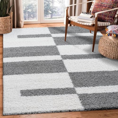 SANAT Milano Shaggy Teppich - Hochflor Teppiche für Wohnzimmer, Schlafzimmer, Küche - Weiss Hellgrau, Größe: 120 x 170 cm
