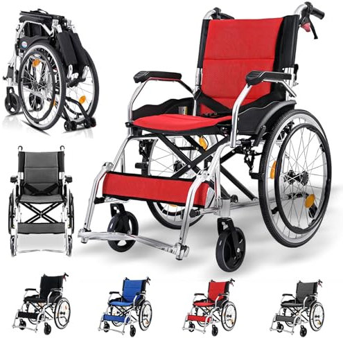 Rollstuhl Faltbar Leicht Aluminium Wheelchair, Leichtgewichtrollstuhl, Transitrollstuhl faltbar leicht, Reiserollstuhl, Klappbar Rollstühle mit Selbstantrieb, Abnehmbares Waschbares,Rot