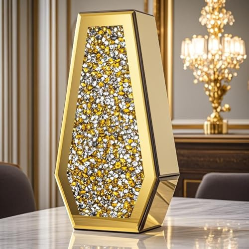 SHYFOY Goldene Vase Glas 36cm Hoch, Große Vase mit Kristall Diamanten Dekor für Mittelstücke, Moderne Dekorative Vasen für Home Decor Tisch Eingang (Gold)
