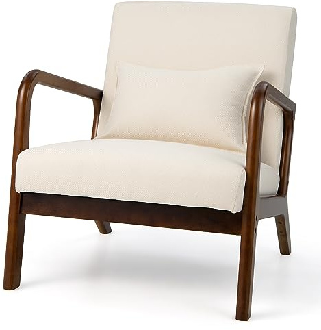 RELAX4LIFE Loungesessel Gepolstert, Akzentstuhl mit Massivholzrahmen, Relaxsessel mit Kissen Rückenlehne Armlehnen, bis 200 kg belastbar, Polstersessel für Wohnzimmer Schlafzimmer Büro (Beige)