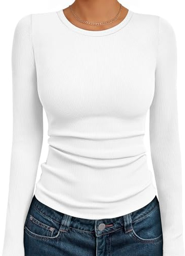 AUTOMET Women's Ribbed Long Sleeve Basic Top - Soft Stretch Crewneck Shirt for Work & Casual White M