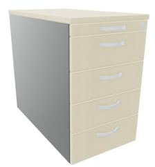Geramöbel Standcontainer mit 4 Metall-Schubfächern und Utensilienschubfach, Metall-Rollschubführung, Zentralverriegelung, 438x800x720, Ahorn/Ahorn/Onyx