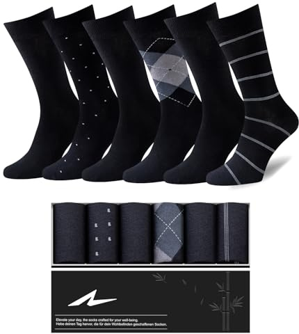 Niorasen Mens Dress Socks, 6 Pairs Soft Breathable Bamboo Rayon, Classic Mid Calf Socks for Men with Exquisite Box
