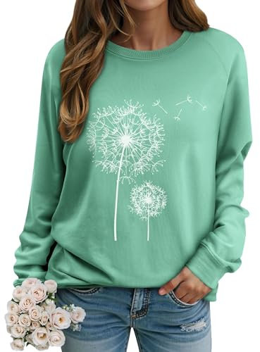 Dresswel damer maskros sweatshirt långärmad tröja maskros tryck tröja höst vinter blus toppar, 2-mintgrön, L