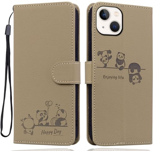 Ailisi Handyhülle für iPhone 12 Mini/13 Mini Hülle, Karikatur Niedlich Panda PU Leder Klappbar Klapphülle mit Kartenfach, Standfunktion Schutzhülle Handytasche Lederhülle Flip Case Cover Etui, Khaki