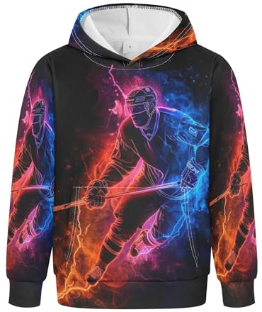 Glaphy Hockey Player Fire Blue Red Lightning Kids Hoodies for Girls Boys, Pullover Hooded Toddler Sweatshirts Children's Hoodie