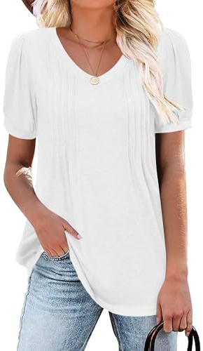 Zeagoo kortärmad boho-skjorta för kvinnor vardaglig v-ringad blommig solid sommarblus veckad vardaglig tunika topp, Vitt, XL