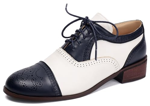 Gicoiz Brogue Oxford Derby Femme Bout Rond Lacets Travail Pumps Ville Low Bloc Formal Chaussures de Bureau Vintage Bleu-Blanc Taille 39 EU-40Cn