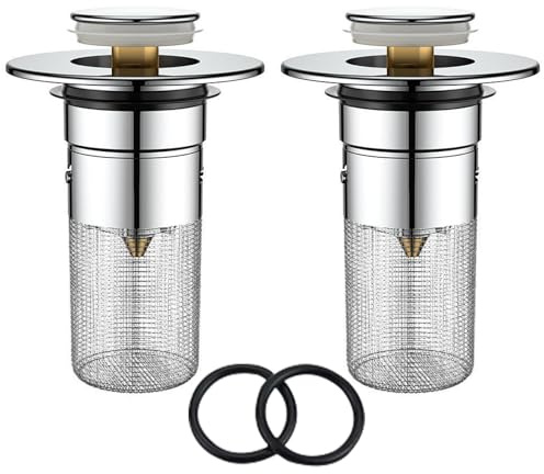 2Pcs Rustproof Floor Drain Filter Strong Click Clack Sprung Plug Removable Sink Plug Strainer Light Pressure Sink Plug Push Plug for Bathroom Kitchen Sink Washbasin