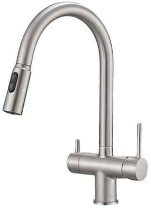 Rubinetto Tre Vie con Doccetta Estraibile Ottone 2 Maniglie Rubinetto 3 Vie per Depuratore Rotante Foro Singolo-Spazzolato