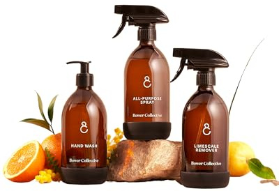 Bower Collective Natural Cleaning Starter Kit, 3 Products with Glass Dispensers | Multi Purpose Cleaner, Limescale Remover & Hand Soap Refills | Eco Friendly Cleaning Products Bundle | Home Essentials