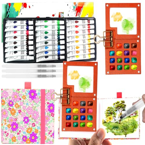 Mini Aquarell Travel Set, Pocket Aquarell Set, Aquarellfarben Farbkasten 24 Farbe x 12 ml & Mini Holz Malpalette & Skizzenbuch & 3 Stück Wasserpinsel Stifte für Maler Künstler Hobbymaler (24 Farben)