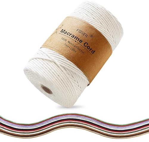 FOSER Premium Makramee Garn 3mm×200m, Baumwollgarn Baumwollkordel, für DIY Deko Handwerk Boho wanddeko (Naturfarben)