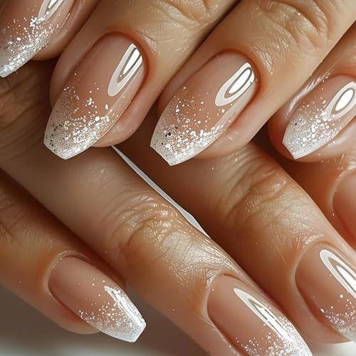 French naglar att klistra på, 24 stycken glitter gradient balett konstgjorda naglar, rosa press på naglar med nagellim, konstgjorda naglar att klistra på, bekväm att bära, fingernaglar falska naglar