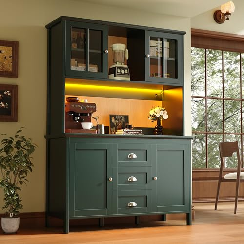Oxtao Armadi da Cucina 120 x 40 x 179 cm, Armadi da Cucina con Ante in Vetro Marrone e Illuminazione LED, Credenze, Armadio Alto Cucina Buffet, Vetrinetta (Verde-1)