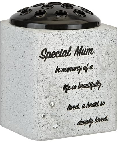 Special Mum Grave Flower Pot Vase – Memorial Flowers Holder with Inscription & Diamantes – Stone-Effect Weatherproof Cemetery Vase with Removable Flower Insert – Graveside Remembrance Ornament