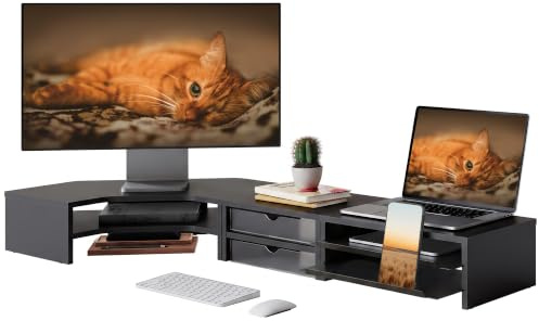 Fenge Monitorständer, 3 in 1 Modular, Laptop PC TV, Monitor Stand, Schwarz | Frei Kombinierbares 3er-Set, L-förmige Ecke, 2 Geräte, Bis 75kg, Schubladen, Bildschirm Computer Schreibtisch Büro Zuhause