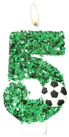 Velas de Cumpleaños Numeros, Verde Velas Futbol Cumpleaños con Lentejuelas Brillantes Vela Numero Adorno para Fiestas Temática Fútbol, Aniversario y Eventos Infantiles (Número 5)