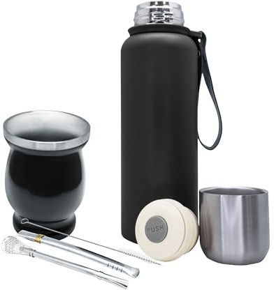 NERTHUS FIH 1595 - Kit de Mate con Vaso de Doble Pared de Acero Inoxidable de 250 ml + Dos Bombillas Pipas para Mate con cepillo limpiador + Termo Acero Inóxidable 750ML