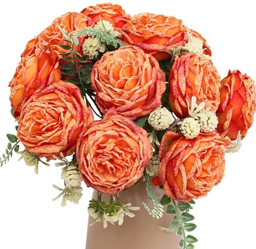 KP HOME Bouquet De Rose Artificielles en Soie – 9 Têtes, H 40 cm, Tiges Flexibles – Fleurs Artificielles Orange pour Intérieur Et Extérieur, Centre De Table, Décoration Événements Ou Cimetière