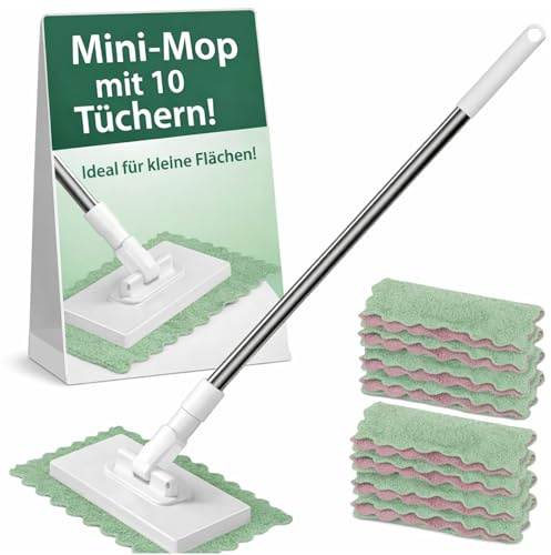 Mini mocio con cambio automatico del panno, mocio con sistema di bloccaggio a pressione, manico telescopico da 100 cm, con 10 panni in microfibra riutilizzabili, per ambienti stretti, pulizia bagnato