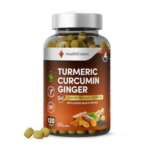 HealthEssent Tumeric Supplements for Inflammation with Black Pepper and Ginger - 3520mg Natural Complex, High Strength 3-in-1 Turmeric and Black Pepper Formula - (4 Month Supply) - 120 Vegan Tablets
