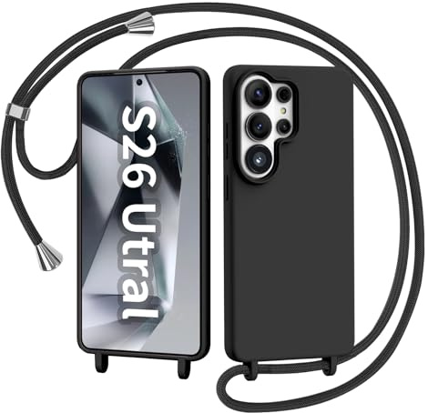 AOMYKE Handyhülle für Samsung Galaxy S26 Ultra Hülle mit Band, Handykette Samsung Galaxy S26 Ultra Hülle zum Umhängen Schutzhülle mit Kette Kordel Weich TPU Liquid Silikon Case, Schwarz