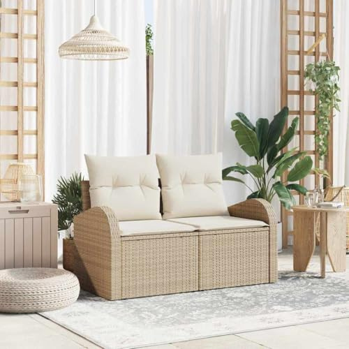 Ordellia Trädgårdssoffa beige 124 x 62 x 69 cm polyrotting, 2-sitsig utomhus loungesoffa med stålram, UV-beständig, för trädgård, terrass och balkong