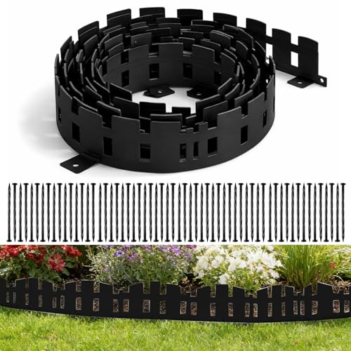 Flexible Rasenkante aus Kunststoff, 10m (L) x 10cm(H) Rasenkante Kunststoff, Rasenkanten Höhe Beeteinfassung Rasenbleche Mähkante Palisade, mit 60 Befestigungsnägel + 1Paar Handschuhe - Schwarz