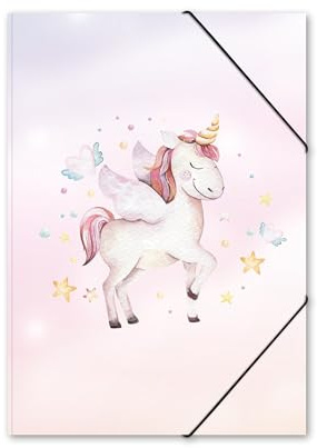 itenga Gummizugmappe DIN A4 PP – innen & außen bedruckt – Mädchen Motive (Einhorn, Pferd, Meerjungfrau, Schmetterling) – stabile Kunststoff Sammelmappe (EINHORN Wasserfarbe)