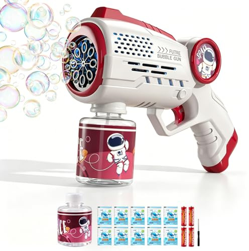 Seifenblasenpistole Seifenblasenmaschine Kinder, Mit LED Licht und 100 ML Tank, Automatische Bubble Gun Mit 10 Pack Seifenblasen Flüssigkeit, Für Outdoor Spiele Für Kinder Party Spielzeug, Rot