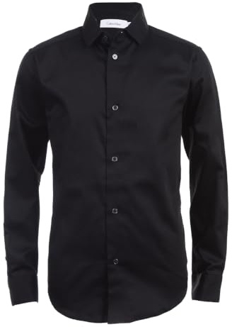 Calvin Klein Boys' Long Sleeve Sateen Dress Shirt, Button-Down Style with Buttoned Cuffs & Shirttail Hem, Black, 18